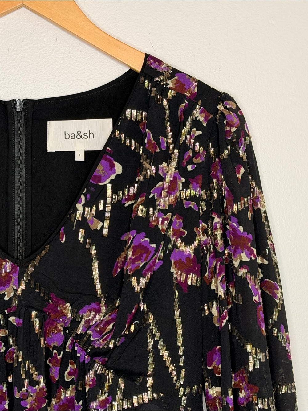 ba&sh Divine Silk Blend Gold Lurex Long Sleeved Peasant Top in Noir US Size 4 - Picture 8 of 15